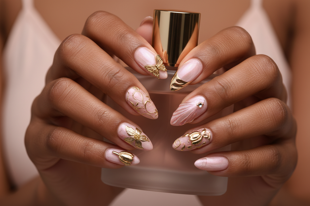 Dark skin hands holding blush pink perfume wearing aurora bloom custom press-on nails gold chrome butterfly — LuxepressCo