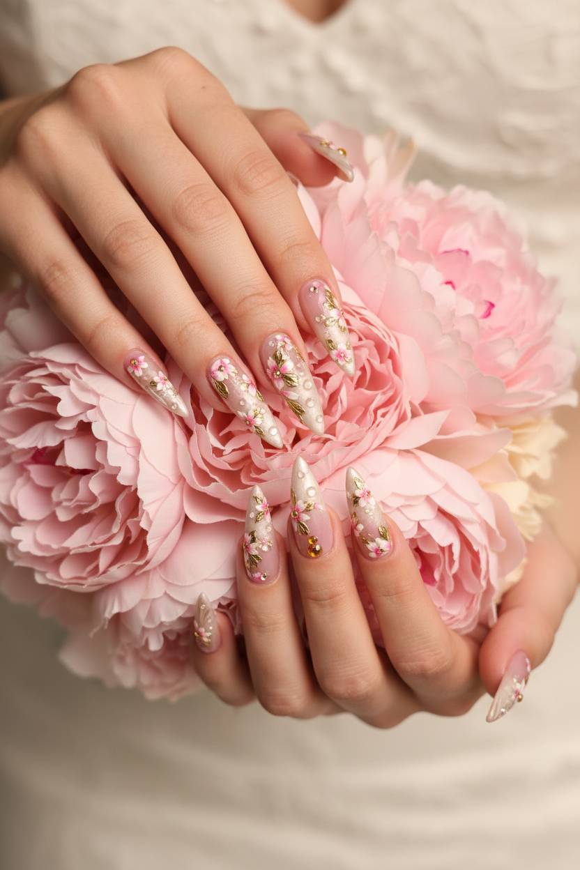 Fair-skin lifestyle bridal pink gold floral angel wing custom press-on nails holding pink peonies — LuxepressCo