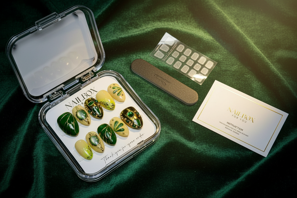 LuxepressCo dark forest green gold gemstone custom press-on nails unboxing acrylic box with accessories