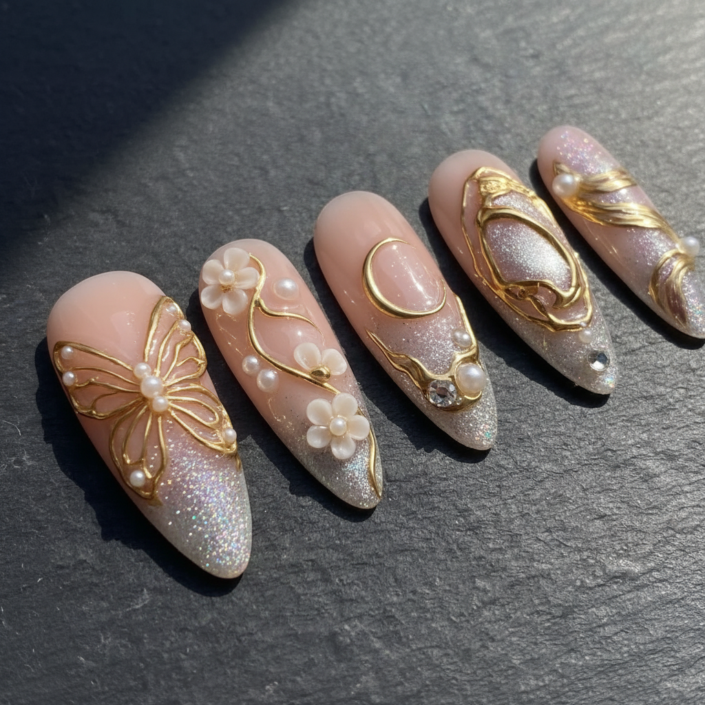 Close-up macro gold wire butterfly pearl center crescent moon rhinestone aurora glitter custom press-on nails dramatic — LuxepressCo