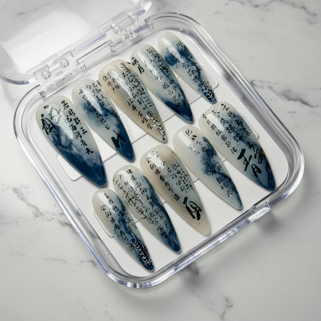Ink poetry Chinese calligraphy jelly stiletto custom press-on nails indigo blue ink wash — LuxepressCo