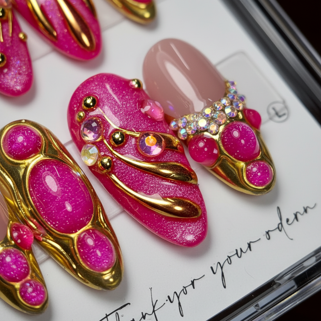 Macro close-up hot pink bubble gem gold chrome swirl AB crystal rhinestone custom press-on nails magenta — LuxepressCo