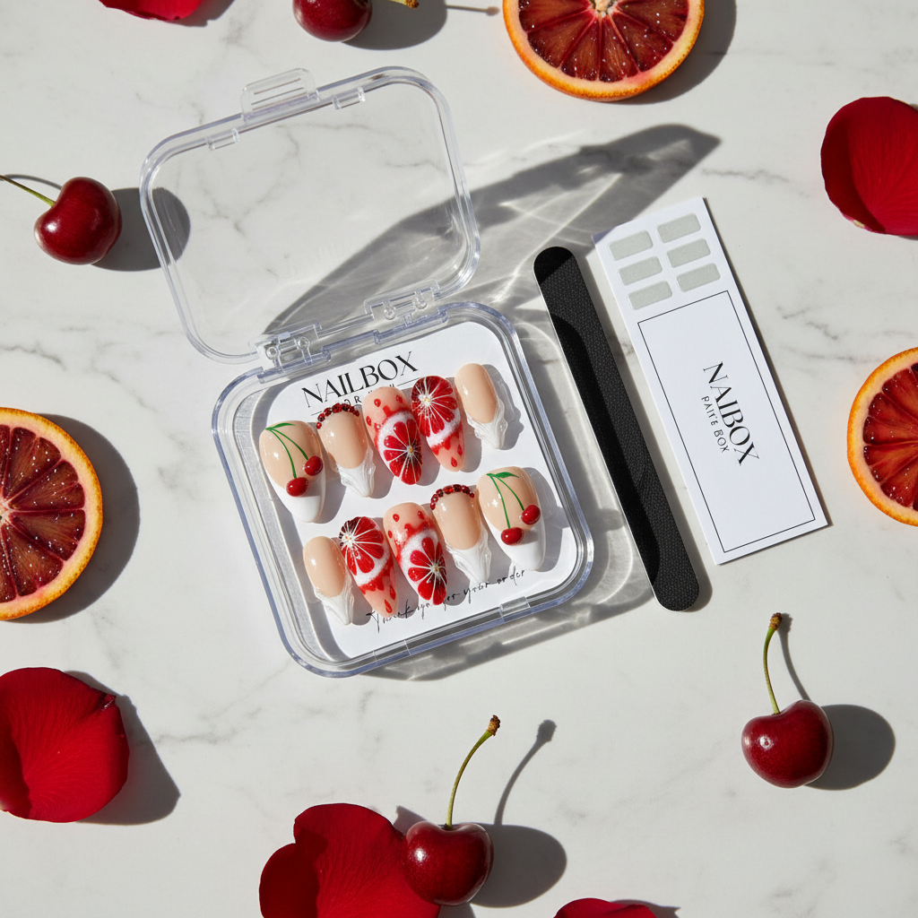Luxury unboxing acrylic nail box cherry blood orange press-on nails with cherry and rose petal props — LuxepressCo