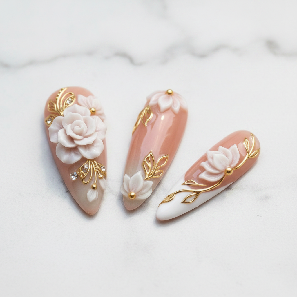 Close-up texture gloss 3D white flower gold vine salon-quality press-on nails marble — LuxepressCo