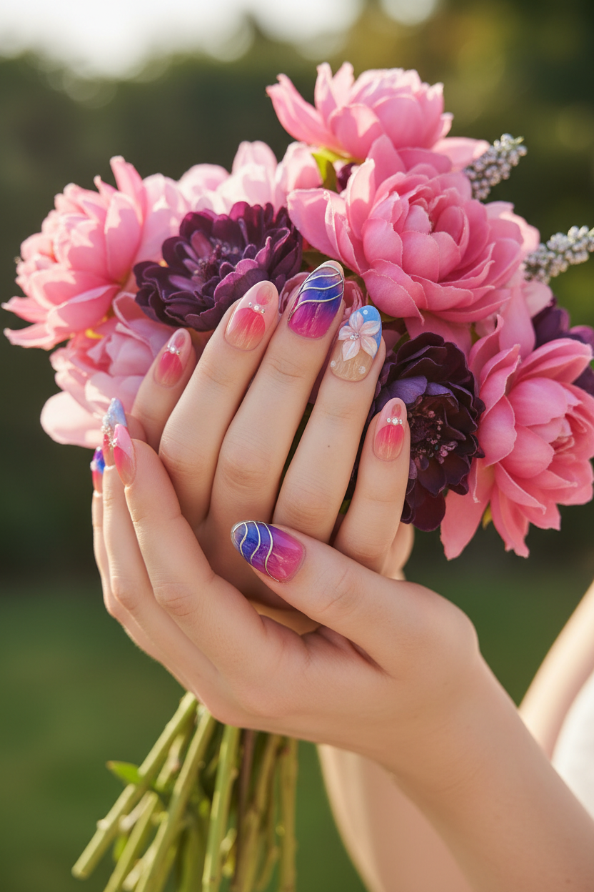 Galaxy aurora custom press-on nails lifestyle light skin 10 fingers holding pink flowers — LuxepressCo