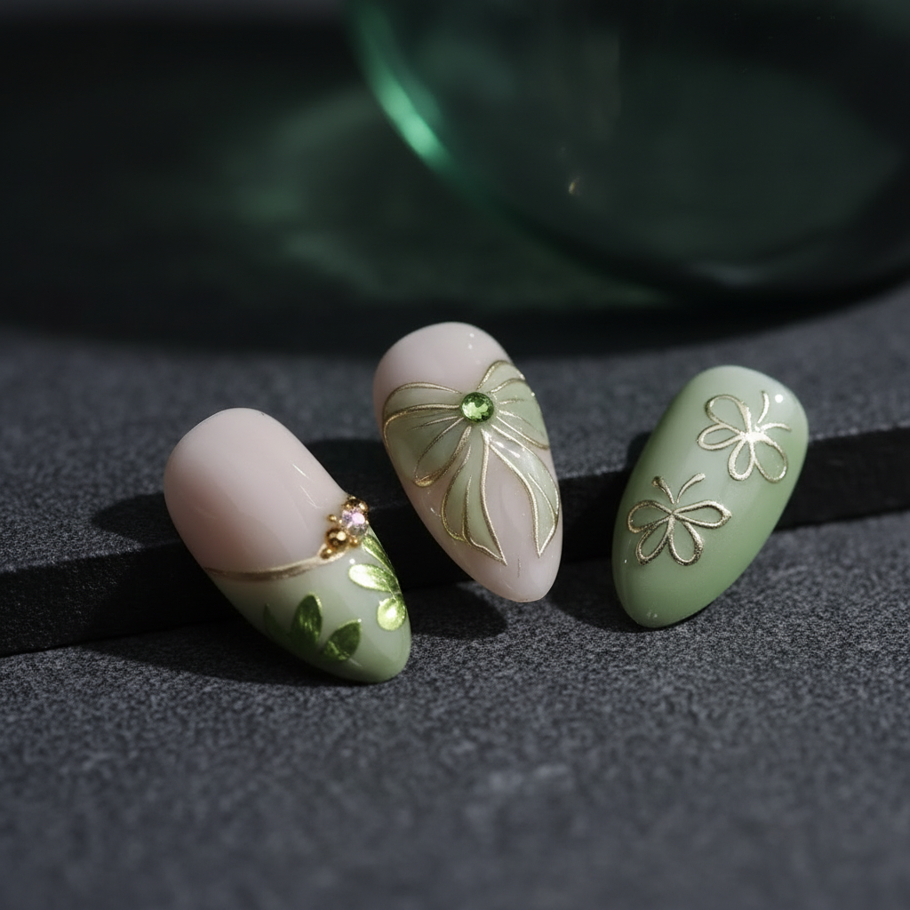 Sage green ombre French tip gold wire butterfly bow charm macro close-up dramatic dark background custom press-on nails — LuxepressCo