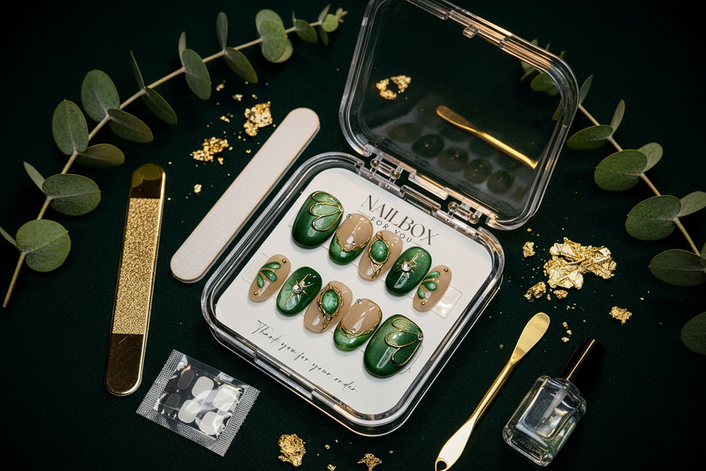 Luxury unboxing acrylic box emerald green scarab press-on nails with accessories on green velvet eucalyptus — LuxepressCo