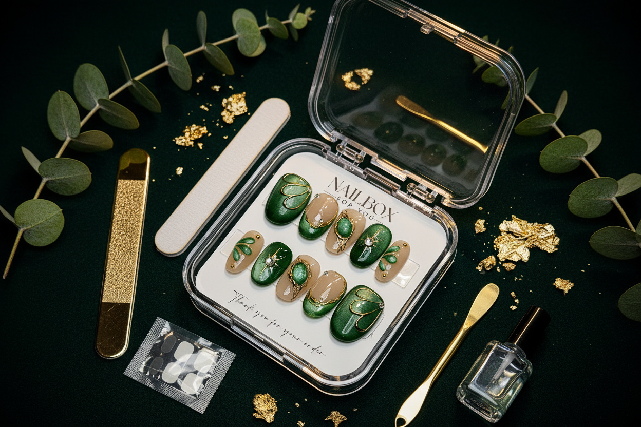 Luxury unboxing acrylic box emerald green scarab press-on nails with accessories on green velvet eucalyptus — LuxepressCo
