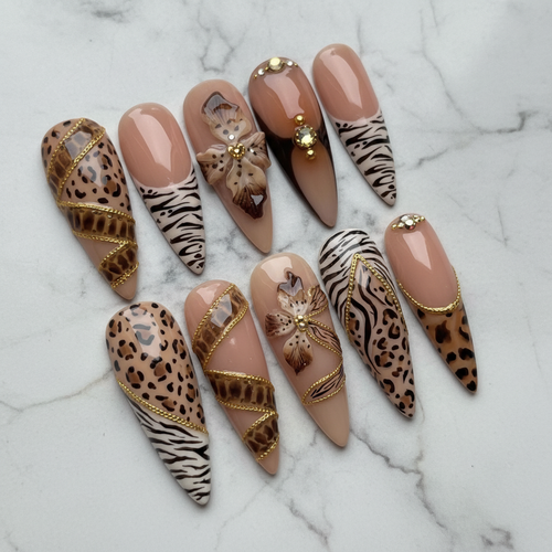 Full set 10 animal print custom press-on nails leopard zebra gold chain 3D floral rhinestone — LuxepressCo