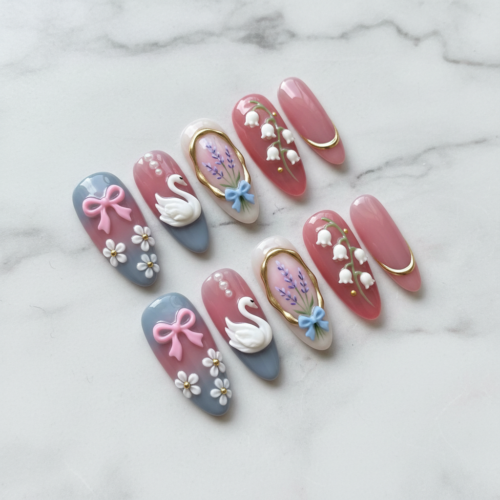 Cottagecore swan lavender daisy full set 10 custom press-on nails blue pink studio marble — LuxepressCo