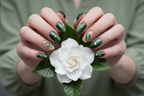 Light skin hands holding white gardenia wearing emerald green scarab reusable nails salon-quality — LuxepressCo