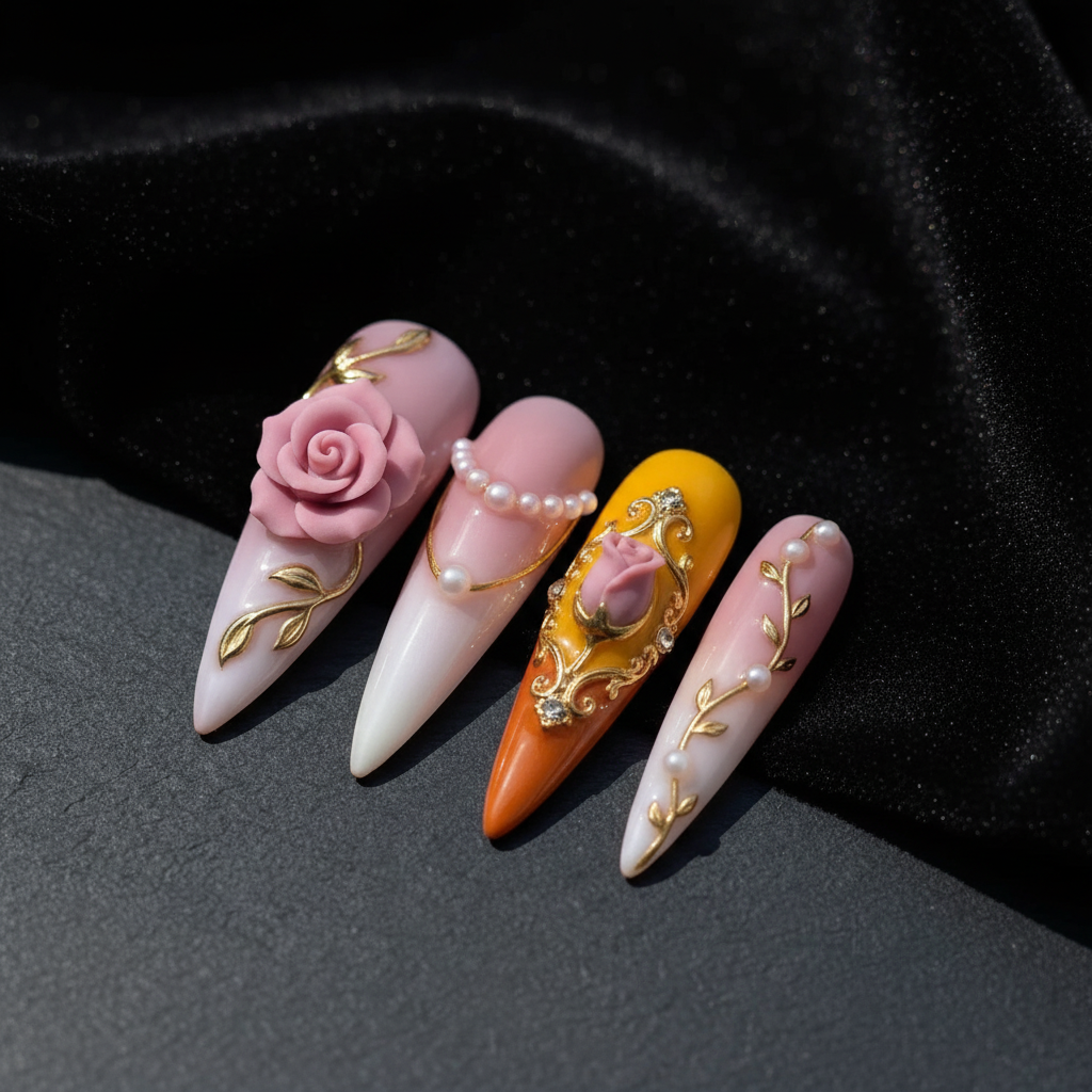 Close-up macro 3D pink rose pearl chain gold leaf blush pink custom press-on nails dramatic lighting — LuxepressCo