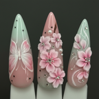 Close-up macro 3D pink cherry blossom flower rhinestone center pearl bead stem pink mint ombre custom press-on nails dramatic lighting — LuxepressCo