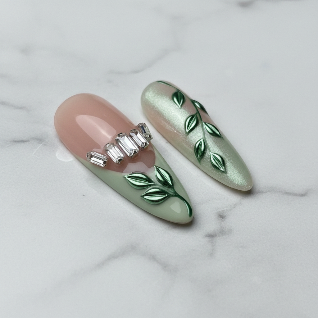 Macro baguette rhinestone crown green chrome botanical vine custom press-on nails marble — LuxepressCo