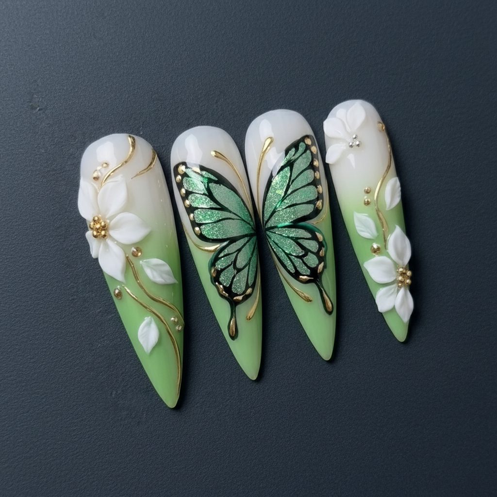 Close-up glittery green butterfly 3D white floral custom press-on nails dramatic lighting — LuxepressCo
