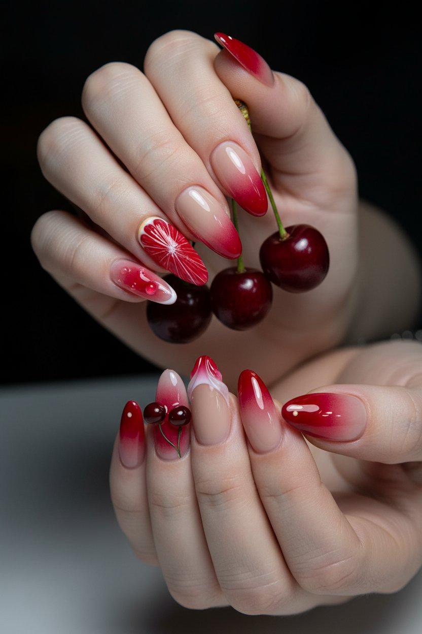 Fair skin hands wearing dark cherry blood orange custom press-on nails holding fresh dark red cherries — LuxepressCo