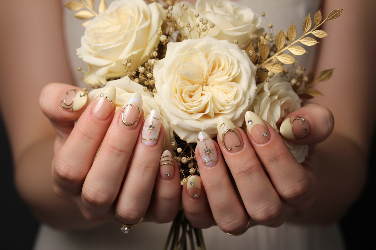 Light skin hands holding cream roses gold dried flowers wearing celestial gold custom press-on nails — LuxepressCo