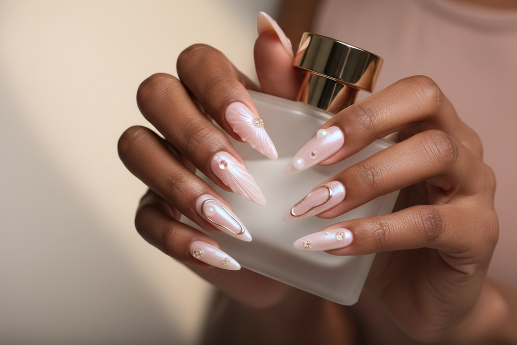 Dark-skin hands wearing pearl aurora bridal reusable press-on nails holding white perfume bottle — LuxepressCo