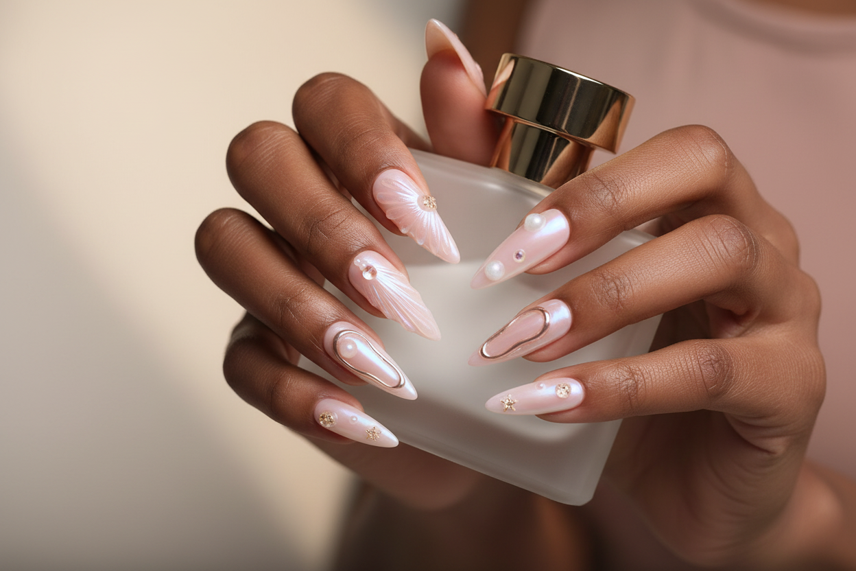 Dark-skin hands wearing pearl aurora bridal reusable press-on nails holding white perfume bottle — LuxepressCo