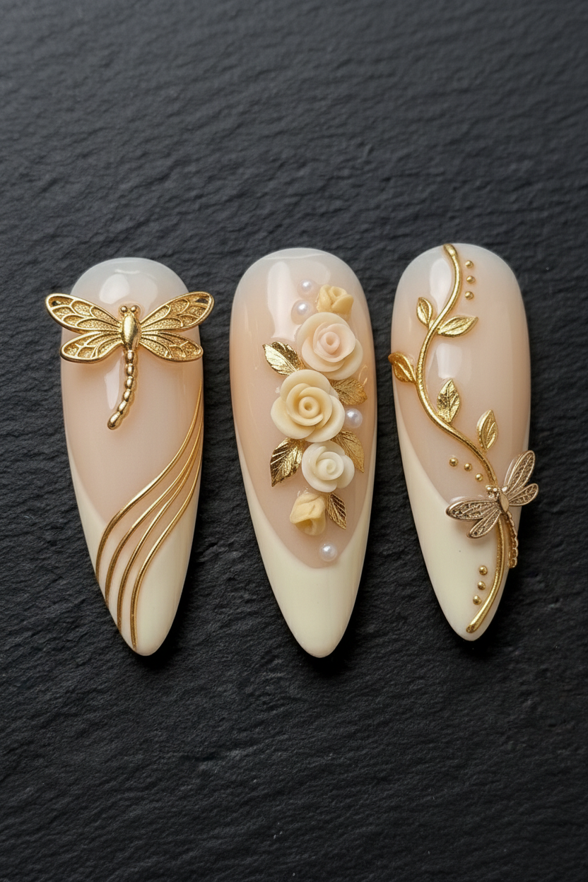 Macro close-up gold dragonfly filigree custom press-on nails cream pearl accents dramatic lighting — LuxepressCo