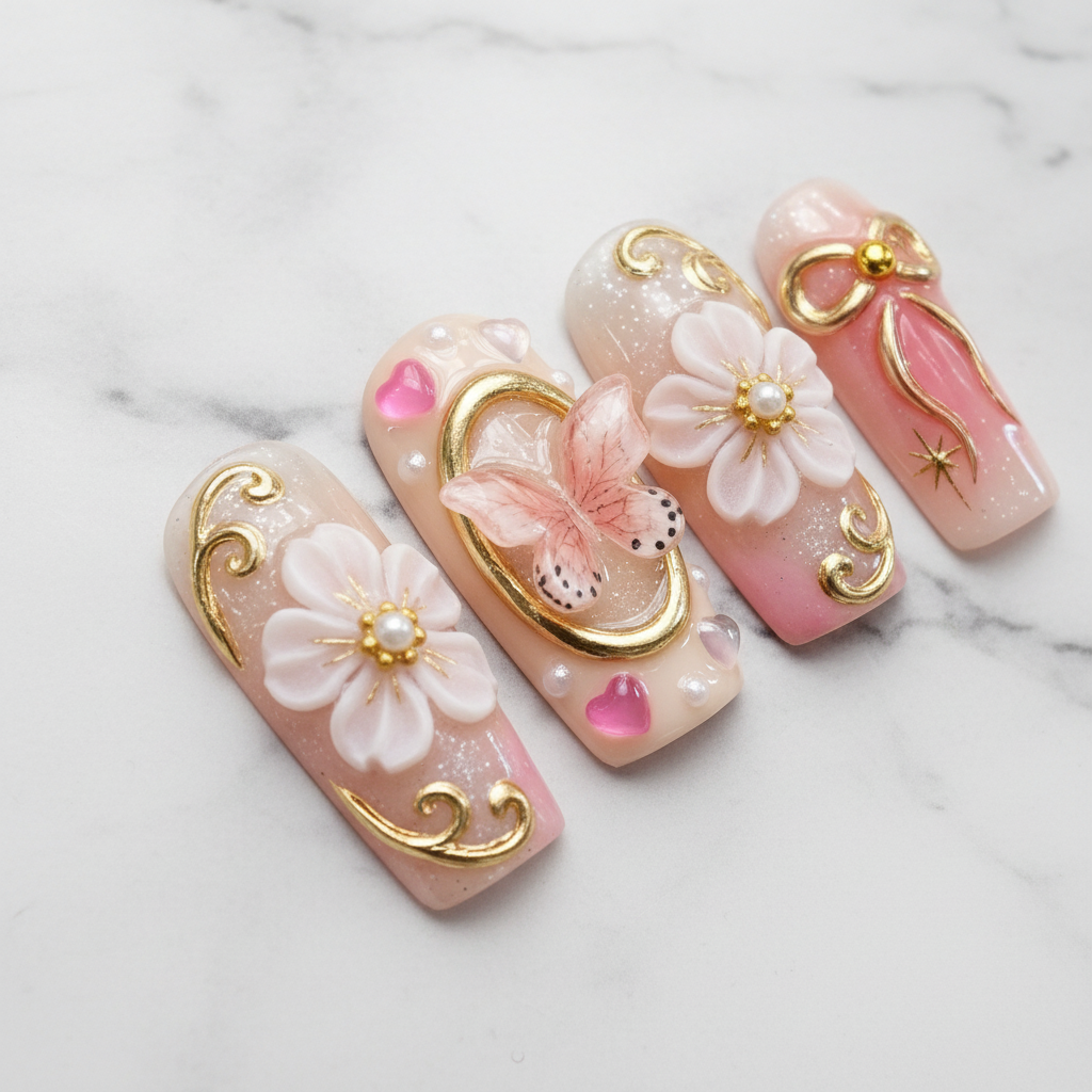 Close-up pink butterfly gold baroque frame floral custom press-on nails glossy texture — LuxepressCo