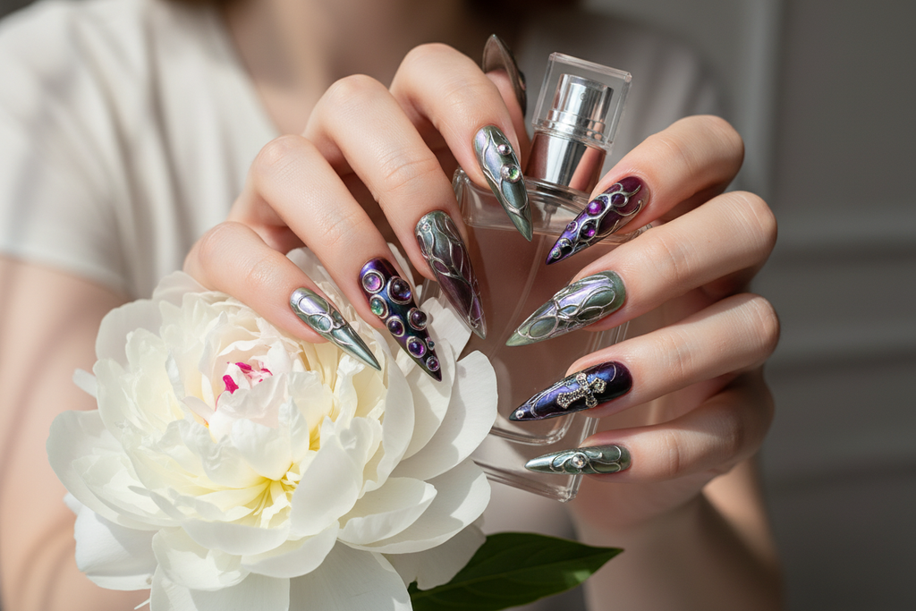 Lifestyle light skin hands wearing gothic chrome stiletto custom press-on nails holding flowers — LuxepressCo