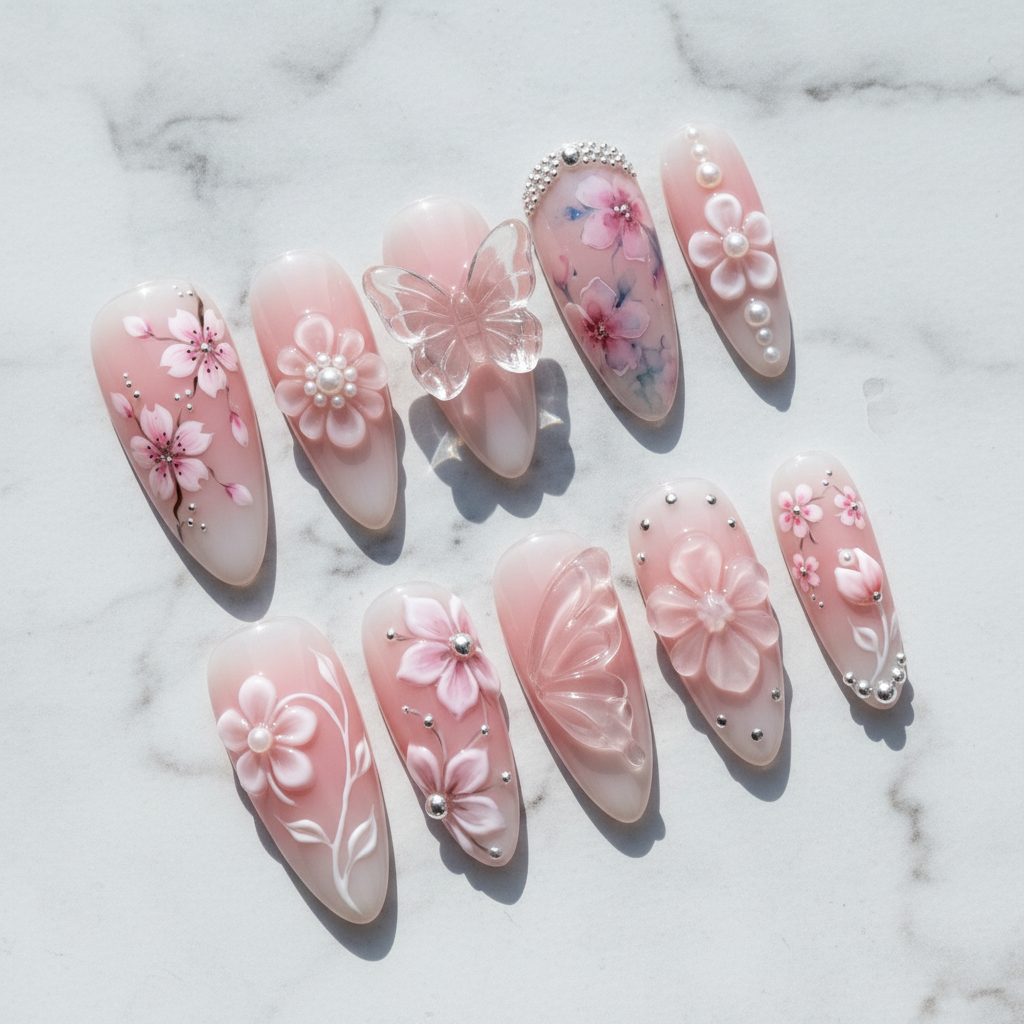 Full set 10 blush pink 3D cherry blossom pearl butterfly custom press-on nails on marble — LuxepressCo
