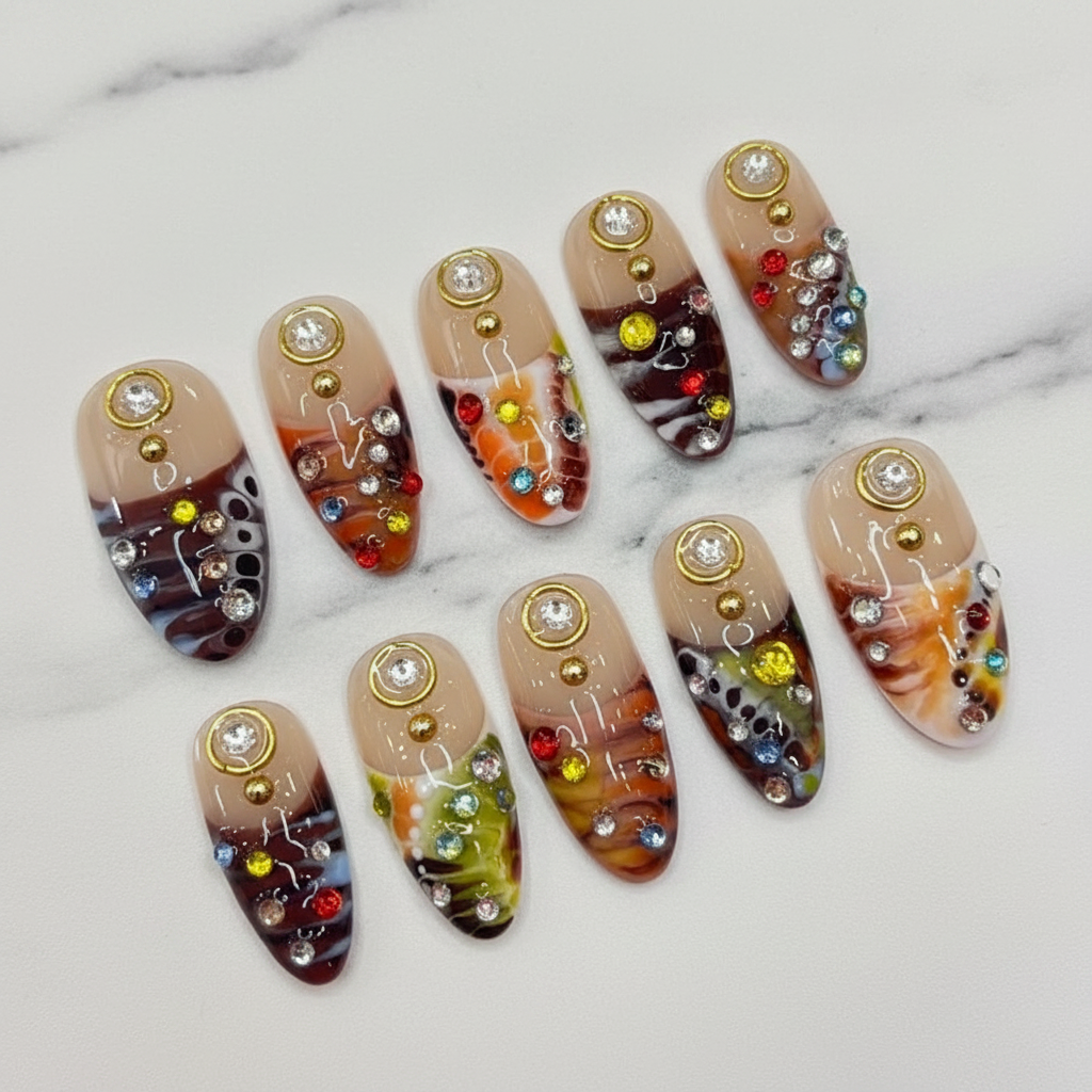 Nude tortoiseshell marble gold charm multicolor rhinestone custom press-on nails almond full set on marble — LuxepressCo