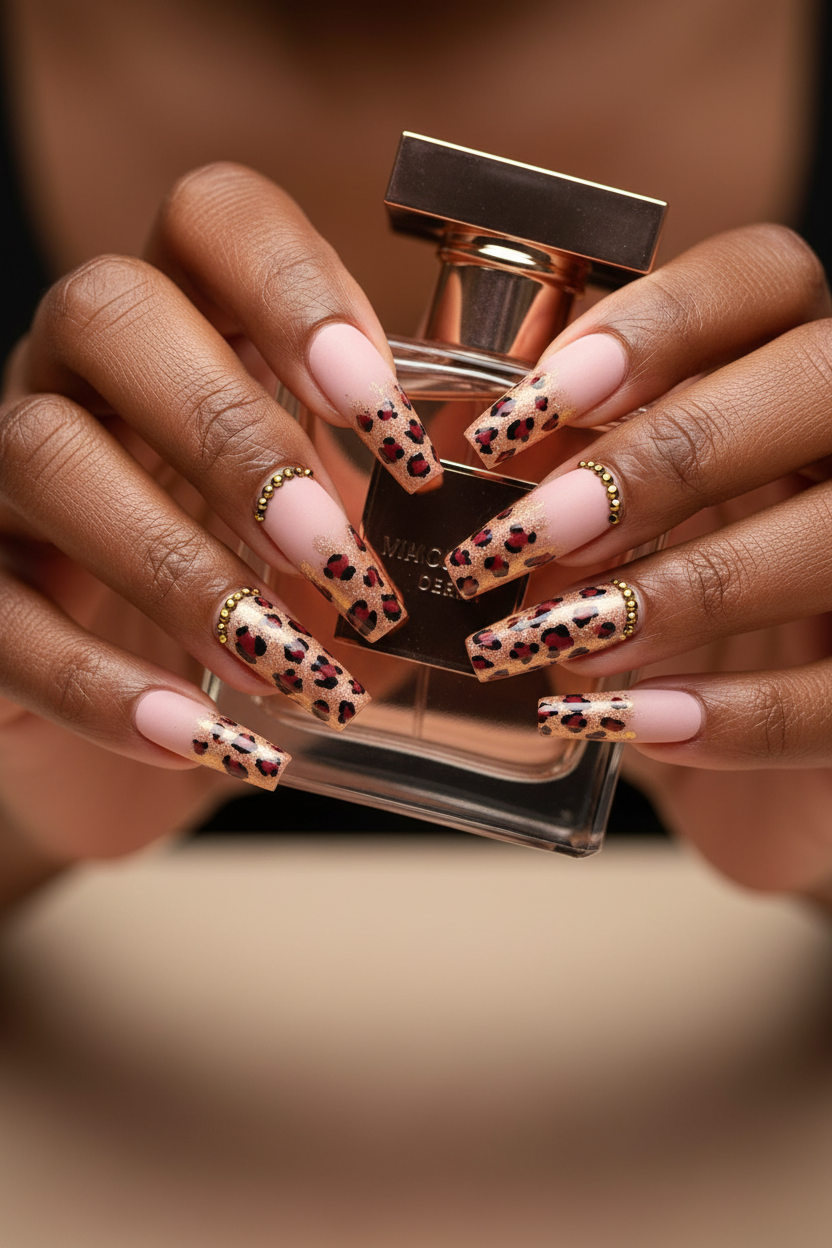 Dark-skin lifestyle pink leopard gold drip glitter custom press-on nails holding rose gold perfume — LuxepressCo