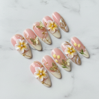 Full set 10 3D plumeria flower gold butterfly custom press-on nails pink blush — LuxepressCo