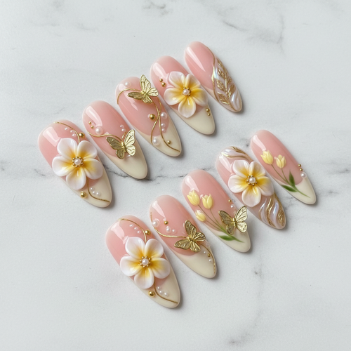 Full set 10 3D plumeria flower gold butterfly custom press-on nails pink blush — LuxepressCo