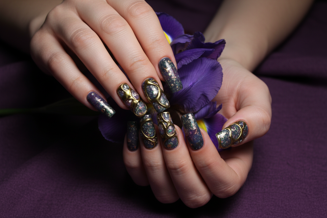 Fair-skin hands wearing galaxy purple teal custom press-on nails holding deep purple iris flower — LuxepressCo