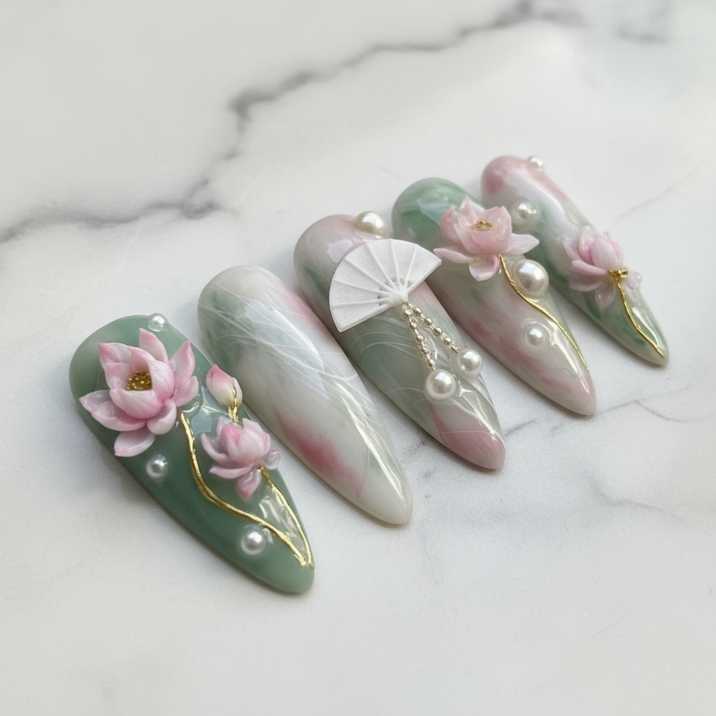 Close-up fan charm pearl drop chain jade green marble press-on nails glossy texture custom press-on nails — LuxepressCo