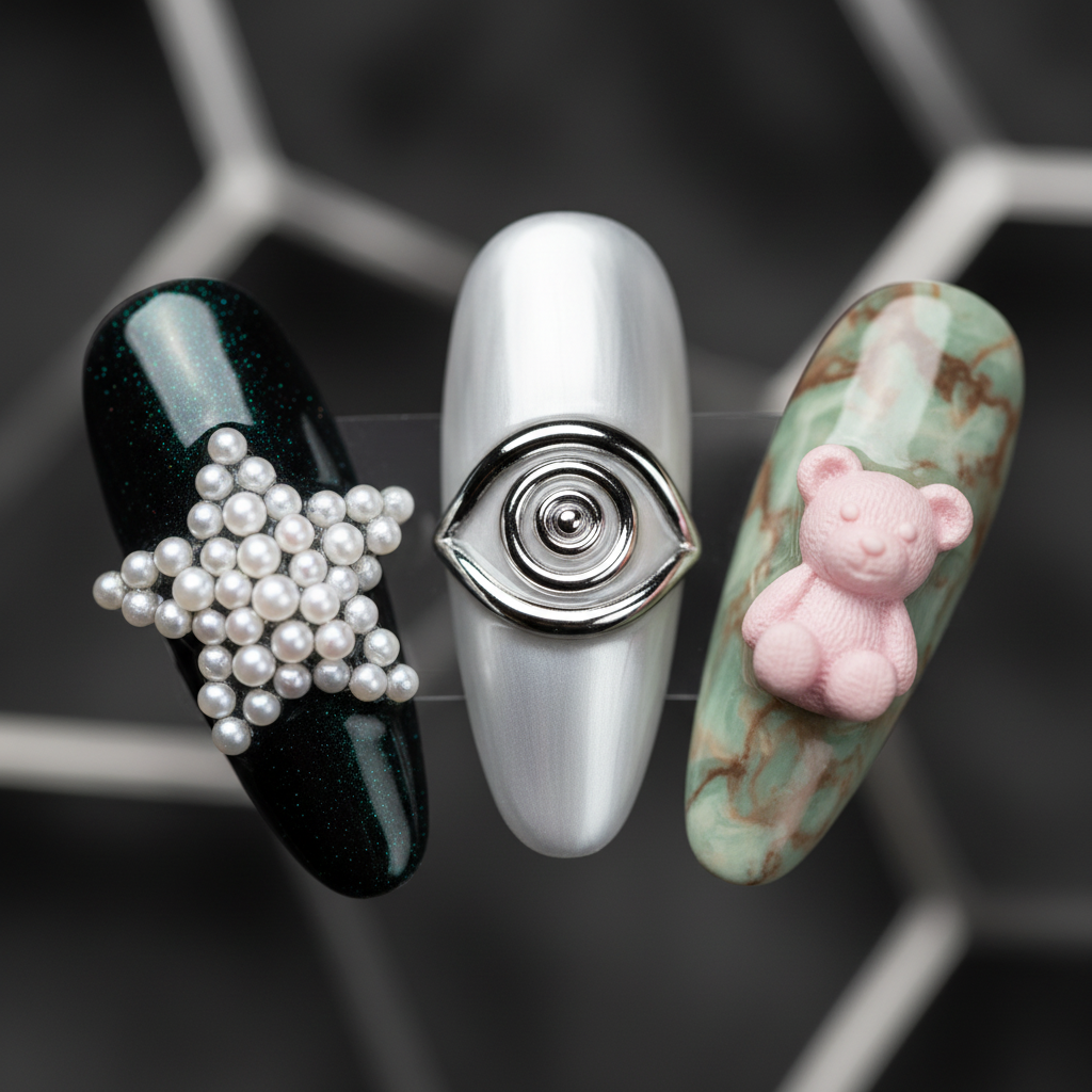Macro close-up 3D pearl star chrome spiral bear charm custom press-on nails detail — LuxepressCo