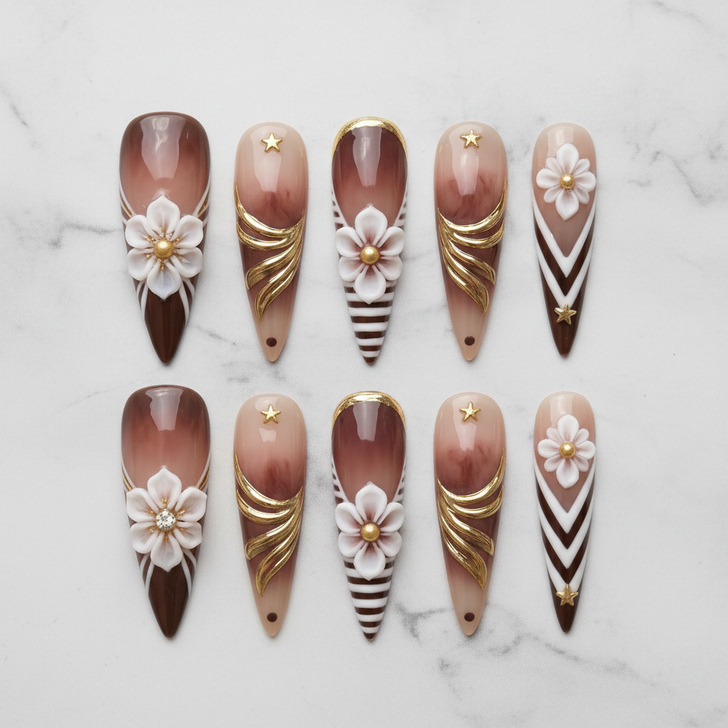 Flat lay top-down full set 10 brown ombre 3D floral gold foil stiletto reusable press-on nails white marble — LuxepressCo