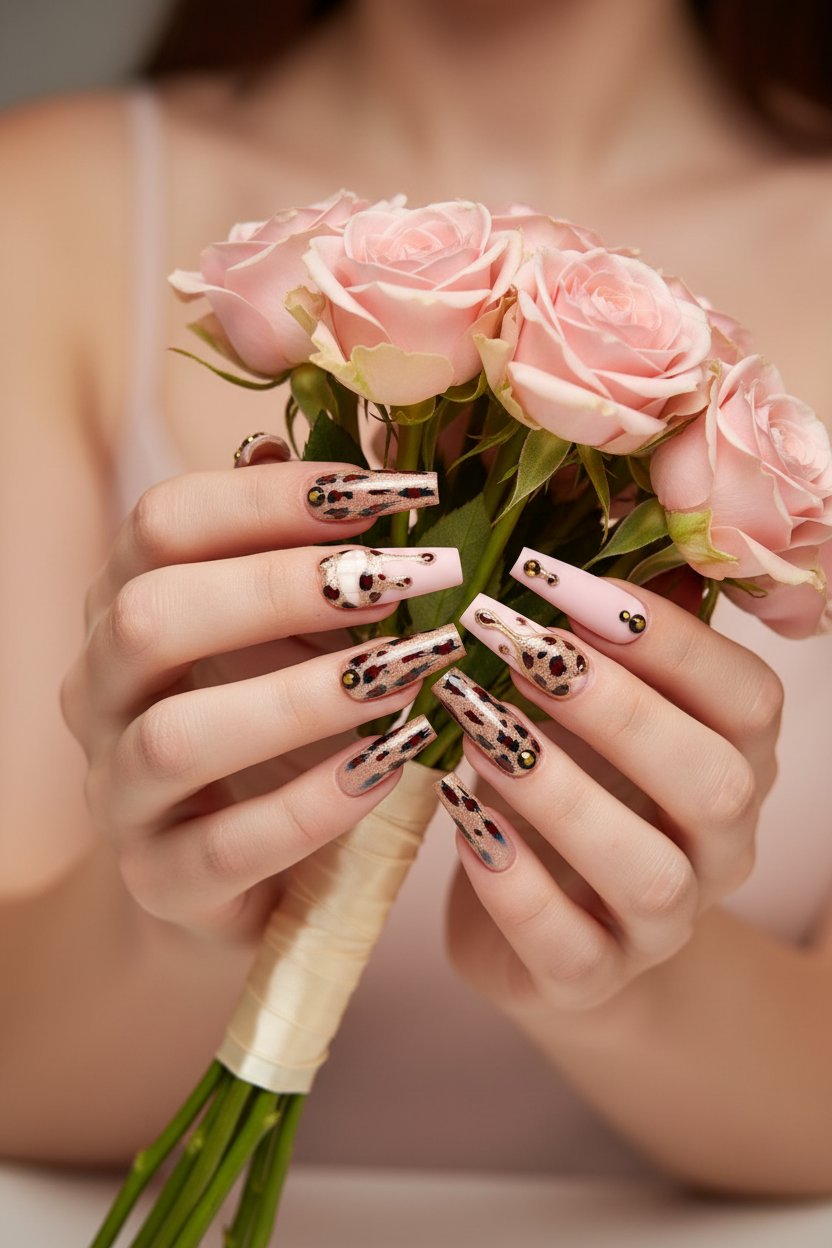 Fair-skin lifestyle pink leopard rose gold glitter drip custom press-on nails holding pink roses — LuxepressCo