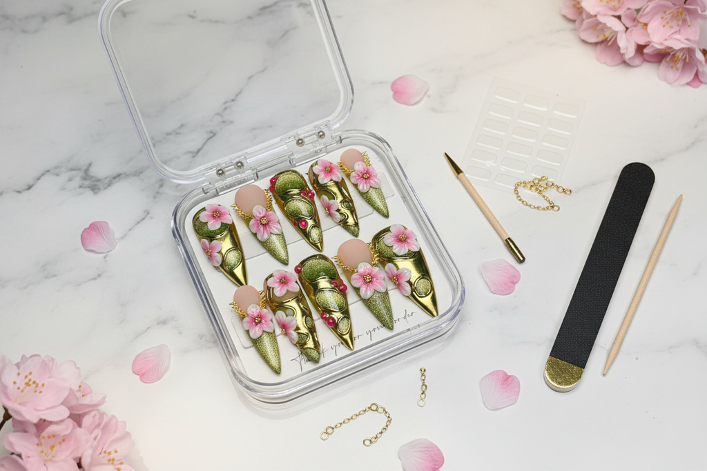 Luxury unboxing acrylic box gold armor blossom green glitter custom press-on nails packaging — LuxepressCo