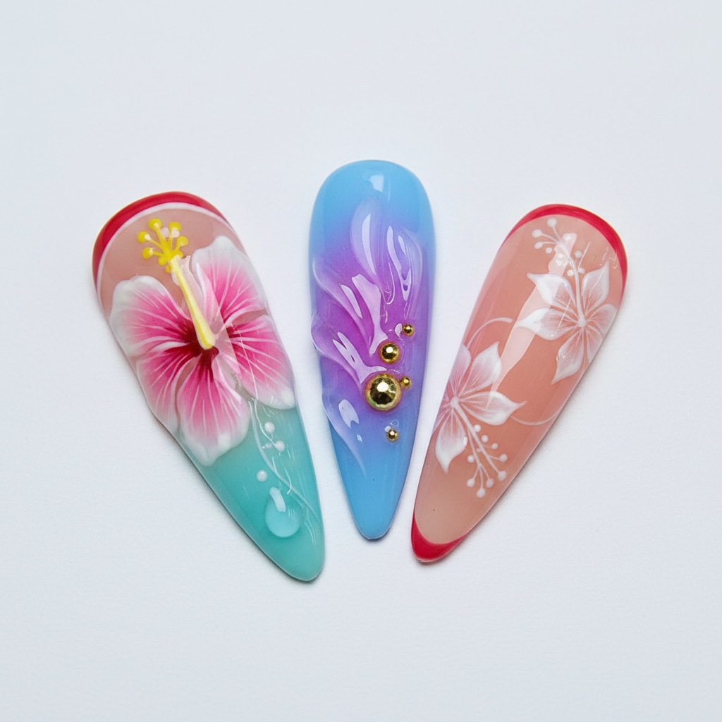 Macro close-up vivid pink-yellow-teal hibiscus starburst blue-purple aurora jelly gold bead crystal nude peach stiletto nail art — LuxepressCo