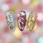 Macro close-up aurora holographic 3D swirl spiral charm pearl star salon-quality press-on nails — LuxepressCo