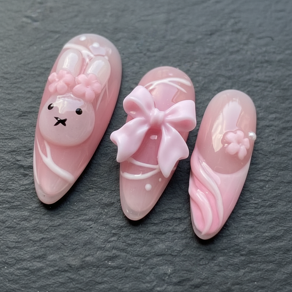 Close-up macro 3D pink flower and kawaii bunny face custom press-on nails dramatic lighting — LuxepressCo