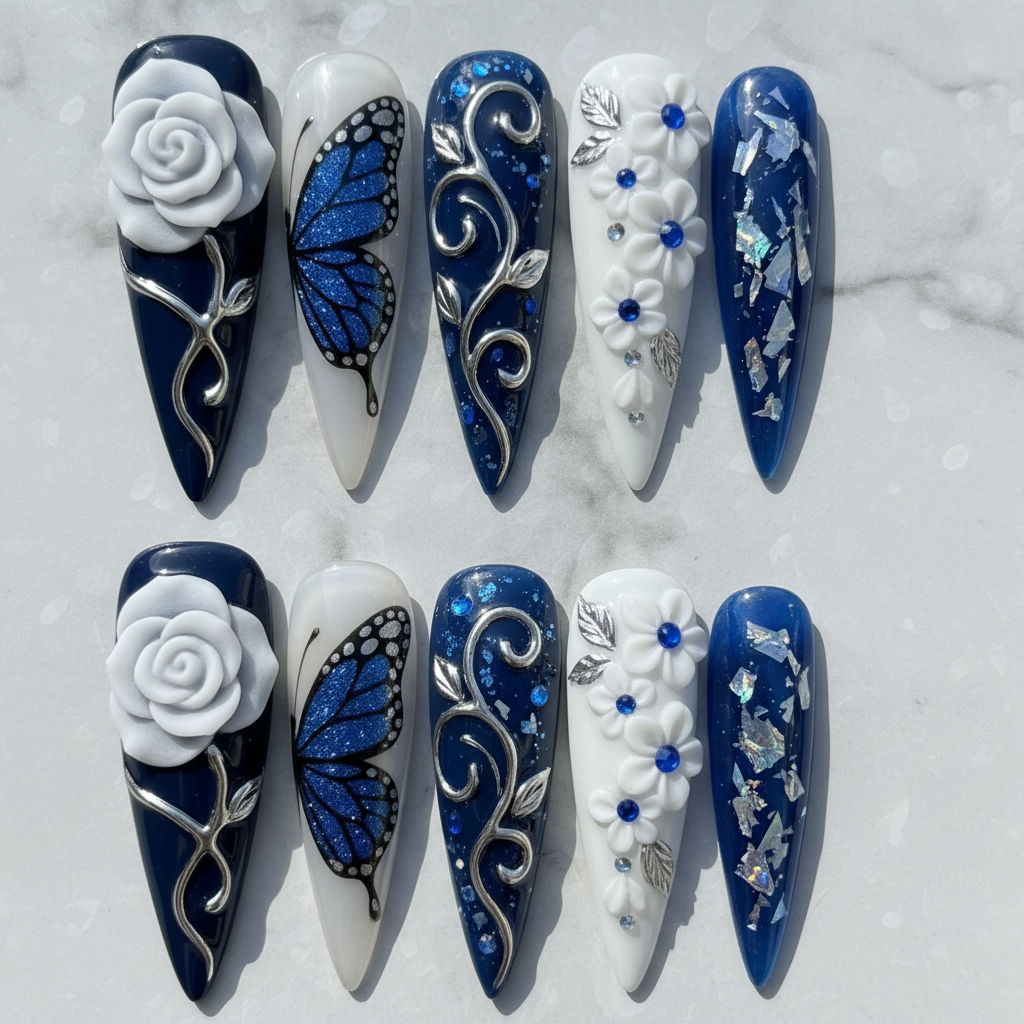 Flat lay top-down full set 10 navy blue 3D rose butterfly custom press-on nails marble — LuxepressCo
