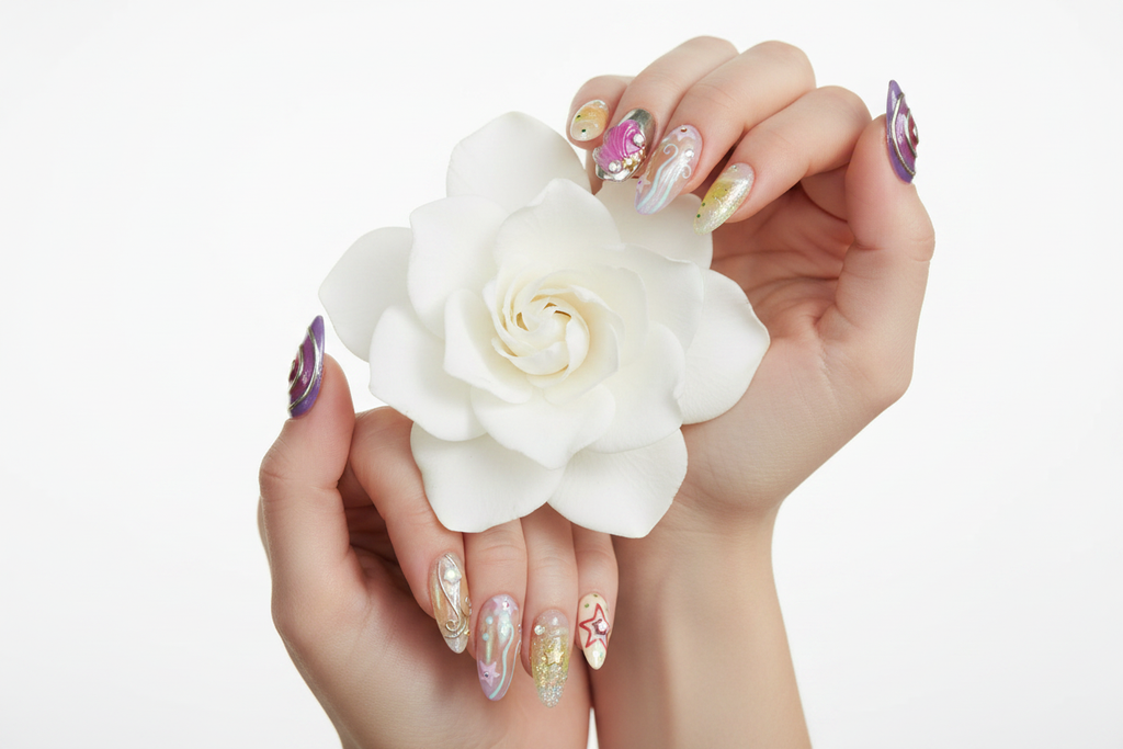 Fair-skin hands wearing chrome aurora galaxy custom press-on nails holding white gardenia — LuxepressCo