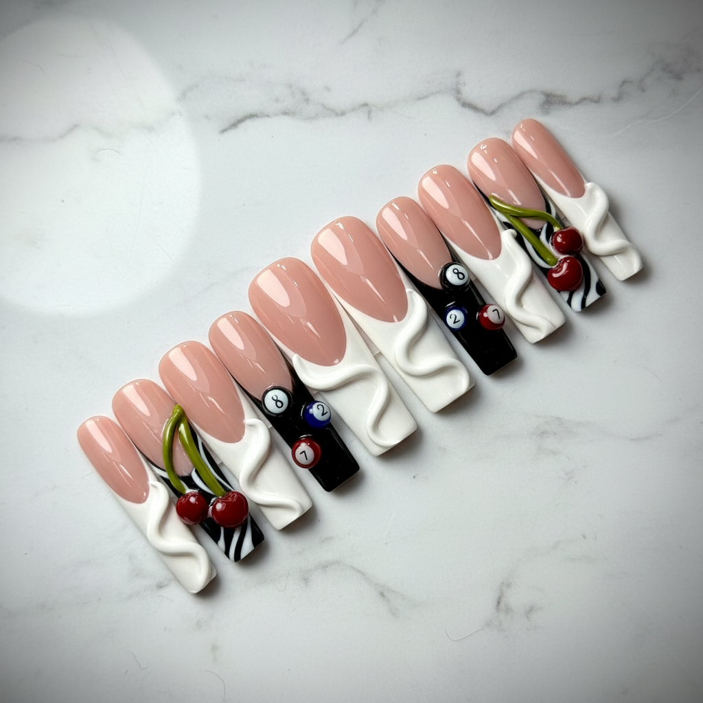 Y2K cherry billiard ball 3D coffin custom press-on nails nude pink cream swirl full set on marble — LuxepressCo