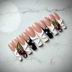 Y2K cherry billiard ball 3D coffin custom press-on nails nude pink cream swirl full set on marble — LuxepressCo