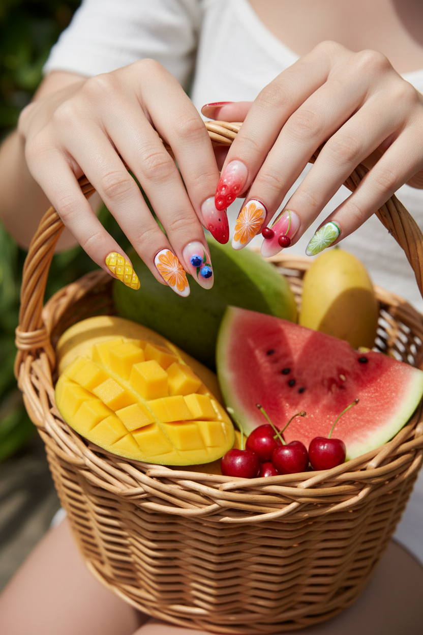 Fair skin hands wearing tropical fruit market 3D custom press-on nails holding tropical fruit basket with mango watermelon cherries — LuxepressCo