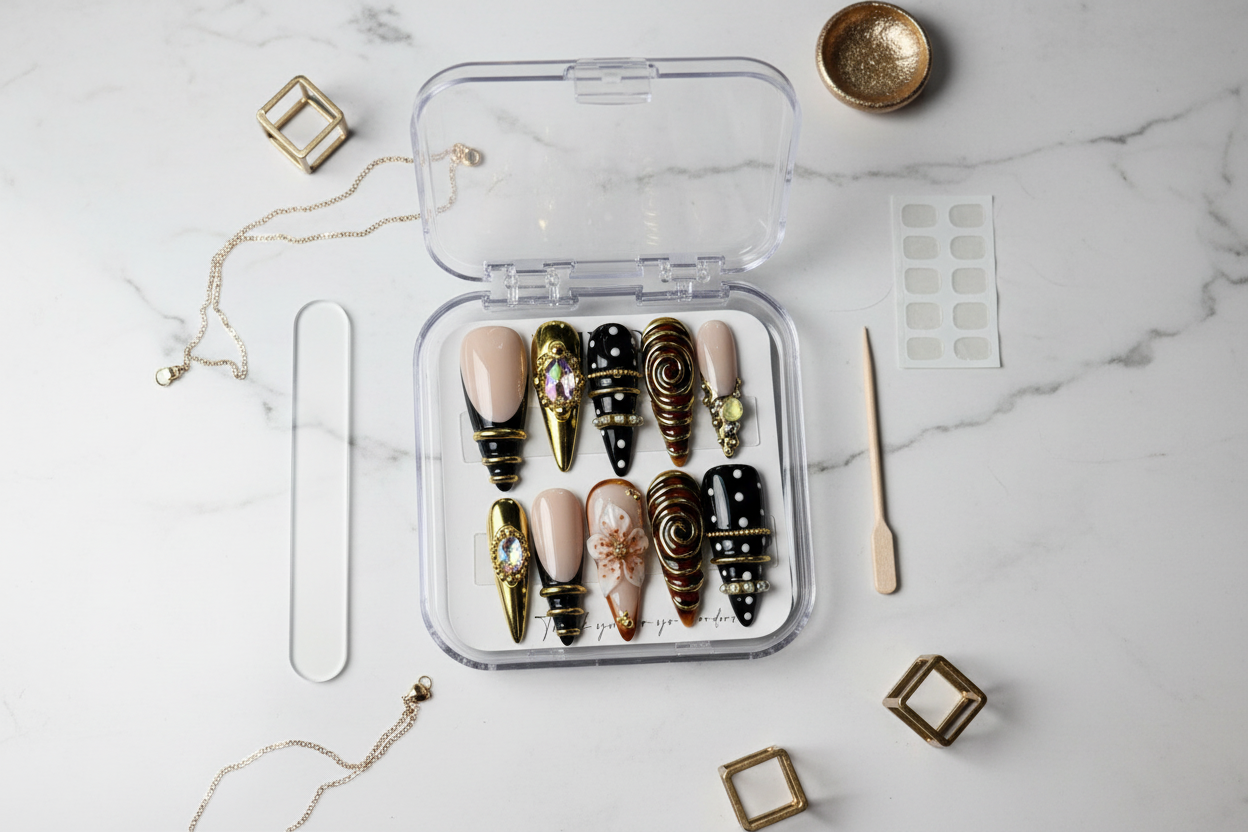 Luxury unboxing acrylic box gold noir maximalist custom press-on nails packaging — LuxepressCo