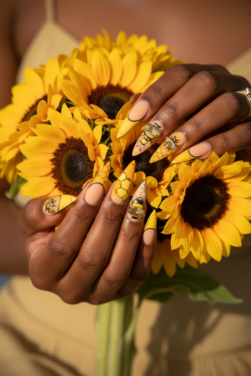 Dark-skin lifestyle bumblebee honeycomb golden yellow ombre custom press-on nails holding sunflowers — LuxepressCo