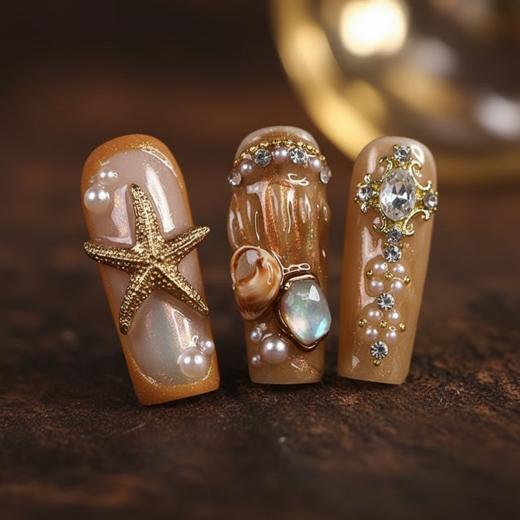 Macro close-up 3D gold starfish conch shell crystal cross pearl custom press-on nails detail — LuxepressCo