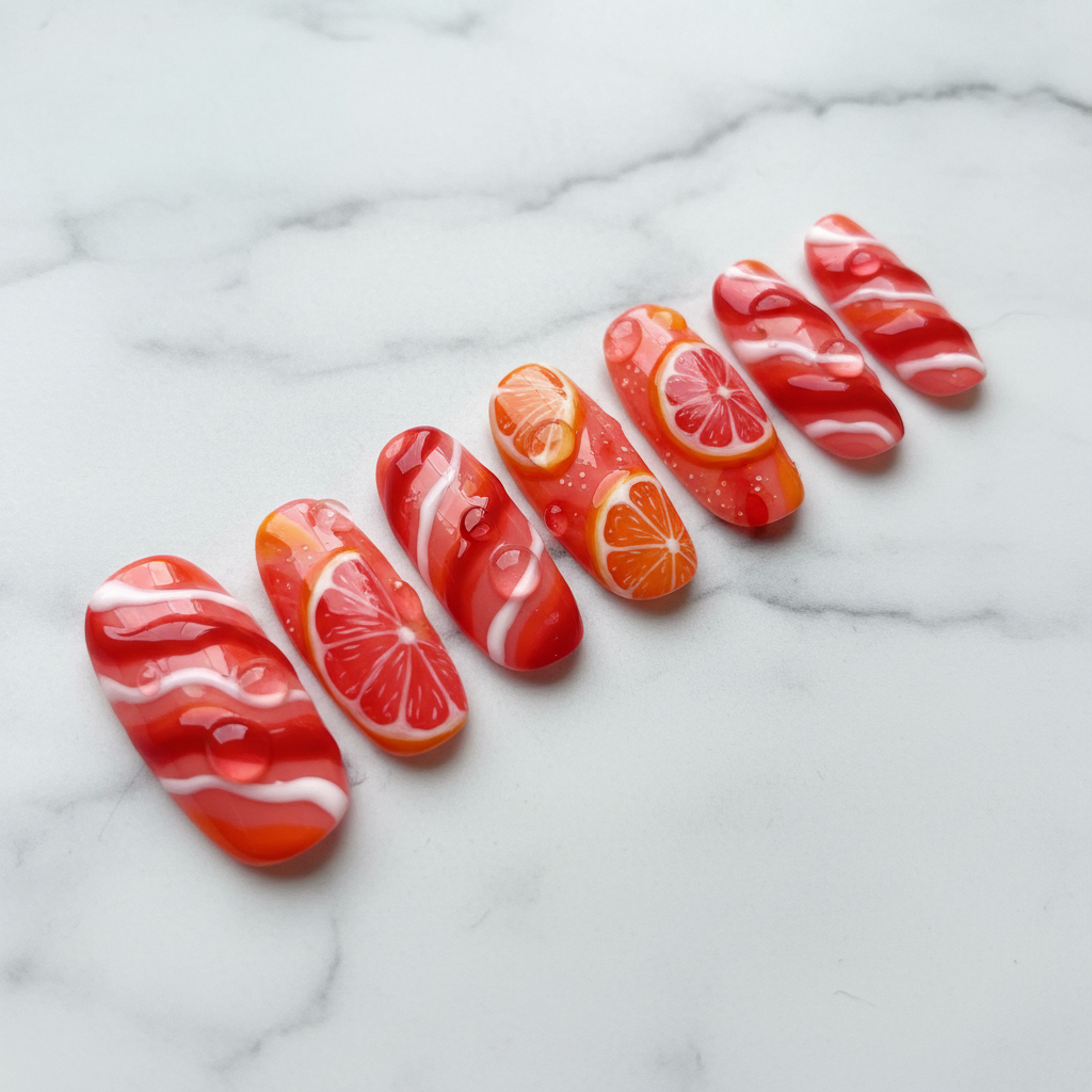 Full set 10 citrus grapefruit 3D gel custom press-on nails on marble — LuxepressCo