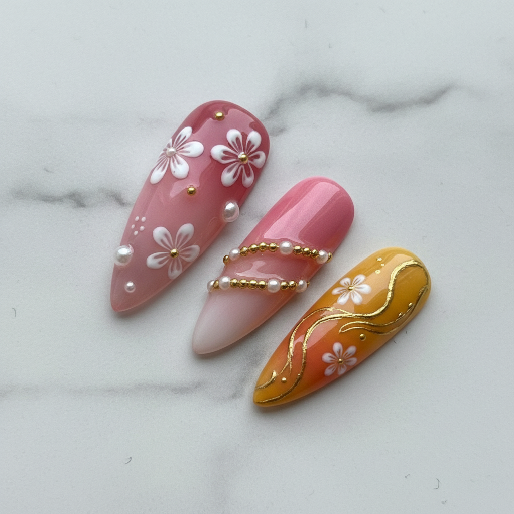 Macro close-up gold foil texture white floral art almond press-on nails glossy finish — LuxepressCo